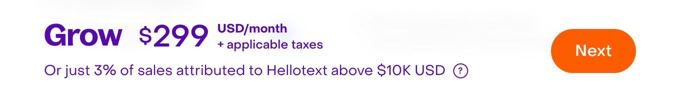 Fictional Grow summary with amount, applicable taxes, and the Next button before a plan change is confirmed.